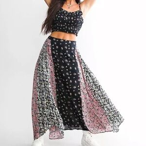 Free People Floral Maxi Skirt - Black, Pink, and White